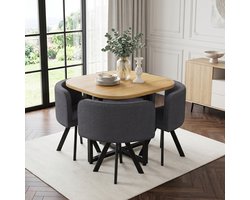 Eettafel Set - 85x85 cm - Tafel + Stoelen - Comfortabel + Modern - Eiken + Linnen - Grijs