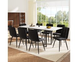 Eettafel Set 9 Delig - Uitschuifbare Eettafel 140-179 Cm Met 8 Zwarte Velvet Stoelen Voor 8 Personen