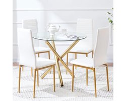 Eettafel set - Eetkamerset 5-delig - Samen eten - Gehard glas tafelblad - 90x75cm - Goud met blauw