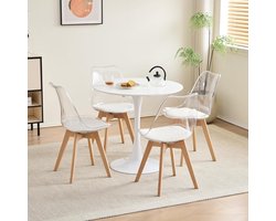 Eettafel Set - Keukentafel met Stoelen - Compact Dineren - Ronde Tafel Vorm - 80cm Diameter - Wit met Transparant