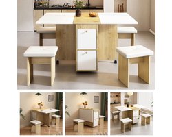 Eettafel set, (met eettafel, 4 stoelen), opvouwbare eettafel, 120*80*75 cm, uitbreidbare eettafel, multifunctioneel uitbreidbare eettafel, stoelen van de eetkamer, wit + eiken