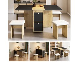 Eettafel set, (met eettafel, 4 stoelen), opvouwbare eettafel, 120*80*75cm, uitbreidbare eettafel, multifunctioneel uitbreidbare eettafel, stoelen van de eetkamer, wit + eiken + zwart