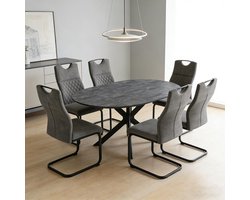 Eettafel Set Rond met 4 Stoelen - 115 cm Eikenlook Tafel met Zwarte Spiderpoten en 4 Grijze Gestoffeerde Stoelen - 115x115x75 cm - Vermissen