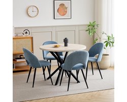 Eettafel Set - Ronde Tafel Stoelen - Eetkamer Meubels - Travertin Look - 100x100x76.5cm - Blauw