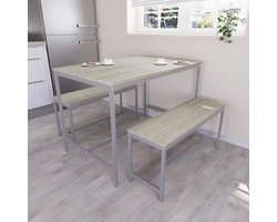 Eettafel Set voor 4 Personen met 2 Banken, Modern Design, Massief Metalen Frame