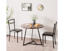 Eettafel Stoel Set 3-delig - 80x80x75cm - Ronde Tafel met Metalen Frame - 2 Beklede Stoelen - Compact voor Eetkamer Woonkamer en Appartement - Bruin