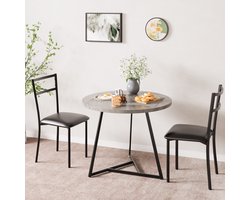Eettafel Stoel Set 3-delig - 80x80x75cm - Ronde Tafel met Metalen Frame - 2 Beklede Stoelen - Compact voor Eetkamer Woonkamer en Appartement - Grijs