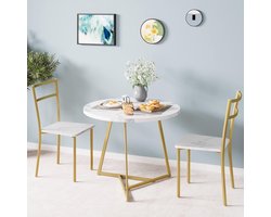 Eettafel Stoel Set 3-delig - 80x80x75cm - Ronde Tafel met Metalen Frame - 2 Beklede Stoelen - Compact voor Eetkamer Woonkamer en Appartement - Wit + Goud
