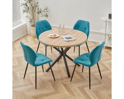Eettafel Stoelset - Keukentafel Set - Samen Eten - Ronde Tafel 100cm - 4 Stoelen - Blauw Zeeblauw