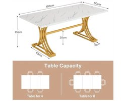 Eettafel – Tafel – Dinertafel – Keukentafel – Vergadertafel – Modern – Wit & Goud – 160x80 cm – Stevige Metalen Poten – Faux Marmeren Tafelblad
