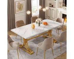 Eettafel – Tafel – Keukentafel – Dinertafel – Eetkamertafel – Rechthoekig – Wit met Gouden Accenten – Met Metalen Trestle Poten – 63 Inch voor 4-6 Personen