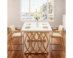 Eettafel – Tafel – Keukentafel – Dinertafel – Tafeltje – Rechthoekig – Wit Faux Marmeren Blad – Gouden Geometrische Poten – 160x80 cm – Geschikt voor 4-6 Personen