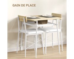 Eettafel – Tafel – Keukentafel – Dinertafel – Zitmeubel – Stalen Frame – 2 Stapelbare Stoelen – Wit en Eikenhout – Compact en Ruimtebesparend