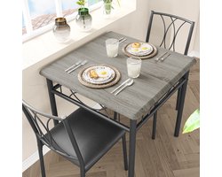 Eettafel voor 2 personen grijs - Vierkante keukentafel met 2 gestoffeerde stoelen van metaal & hout, ideaal voor kleine ruimtes en appartementen