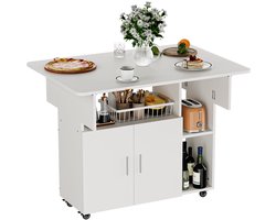 Eettafel - Witte eettafel - Opvouwbare bijzettafel Houten opvouwbare tafel met wieltjes Verrijdbare tafel met deurkast Open rekken - Geschikt voor keuken, woonkamer, slaapkamer Nachtkastje