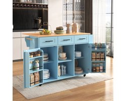 Eettafel/dressoir 139x46(71)x91,5 cm, blauwe behuizing + massief houten werkblad, opklapbaar werkblad, opbergdeur, wielen, vervangbare massief houten poten, geschikt voor eetkamer, keuken