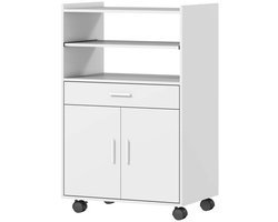 Eettafelkast, Opbergkast, Kast 59x40x92cm Wit Met Rollen, 3 Open Planken, 1 Lade en 1 Deurkast, Modern Eenvoudig Ontwerp, Meerdere Opslagruimtes, Geschikt voor Keuken, Woonkamer, Eetkamer