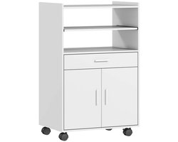 Eettafelkast, Opbergkast, Kast Met Rollen, 3 Open Planken, 1 Lade en 1 Deurkast, Meerdere Opslagruimtes, Modern Eenvoudig Ontwerp, Geschikt voor Keuken, Woonkamer, Eetkamer 59x40x92cm Wit