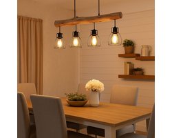Eettafellamp Hanglamp 4 vlammen Hanglamp met houten balk Hanglamp traliekappen, metaal zwart hout naturel, 4x E27 LxBxH 82,5x13,6x140cm