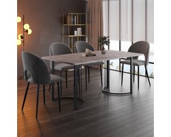 Eettafelset - 1 eettafel met 4 stoelen - grijze eetstoelen met rugleuning - verstelbare stoelpoot - grijs tafelblad en zwarte tafelpoten