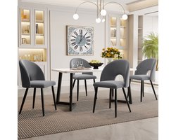 Eettafelset - 1 rechthoekige eettafel met 4 stoelen - grijze eetstoelen met rugleuning - verstelbare stoelpoot - zwarte tafelpoten