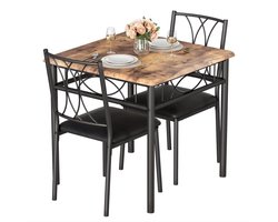 Eettafelset 2 Personen - Vierkante Keukentafel met Stoelen - Voor Kleine Ruimtes - Bruin met Zwarte Stoelen