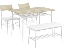 Eettafelset 4 Personen – Eettafel Met Stoelen – Eettafelbank – Dinerset – Eetkamerset – Eikenhout – Stalen Frame – Gewatteerde Zitplaatsen