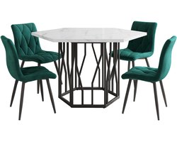 Eettafelset 5-delig bestaande uit een tafel met een zeshoekig tafelblad van 115,5 x 100 cm in marmerlook met zwarte slanke poten en vier groene fluweelzachte stoelen met een huidvriendelijke bekleding.