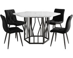 Eettafelset 5-delig bestaande uit een tafel met een zeshoekig tafelblad van 115,5 x 100 cm in marmerlook met zwarte slanke poten en vier zwarte fluweelzachte stoelen met een huidvriendelijke bekleding.