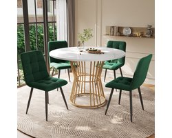 Eettafelset (5-delig), eettafelset met 4 stoelen, keukentafelset, ronde eettafel met een diameter van 100 cm en gouden metalen poten, wit MDF tafelblad, groene fluwelen eetkamerstoelen