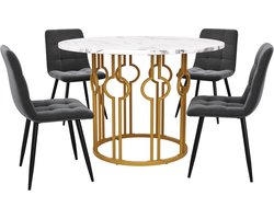 Eettafelset 5-delig - Keukentafel met stoelen - Samen eten - Marmerlook tafelblad - 100 cm diameter - Wit