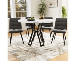Eettafelset - 5-delig - met 4 stoelen - ronde eettafel - wit tafelblad en zwarte tafelpoten - grijze eetkamerstoelen