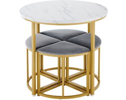 Eettafelset 5-delig met ruimtebesparend stapelbaar ontwerp inclusief 1 tafel met imitatie-marmerlook en 4 grijze krukken