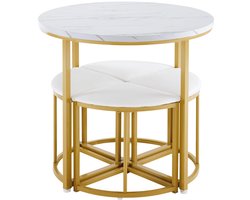 Eettafelset 5-delig met ruimtebesparend stapelbaar ontwerp inclusief 1 tafel met imitatie-marmerlook en 4 witte krukken.