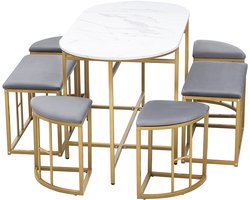 Eettafelset 7-delig multifunctionele meubelset met een ovale tafel van 140x70 cm met een tafelblad in imitatie marmerlook en zes grijze krukken stevige gouden metalen onderstellen.