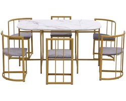 Eettafelset 7-delig multifunctionele meubelset met een ovale tafel van 140x80 cm met een tafelblad in imitatie marmerlook en zes grijze stoelen met rugleuning en zitkussen stevige gouden metalen onderstellen
