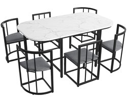 Eettafelset 7-delig multifunctionele meubelset met een ovale tafel van 140x80 cm met een tafelblad in imitatie marmerlook en zes grijze stoelen met rugleuning en zitkussen stevige zwarte metalen onderstellen.