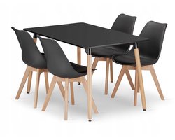 Eettafelset ADRIA 120x80 cm Zwart + 4 MARK Stoelen Zwart met Beukenhouten Poten – Moderne Eethoek voor 4 Personen – Rechthoekige Eettafel met Stoelen – Stijlvolle Eetkamerset