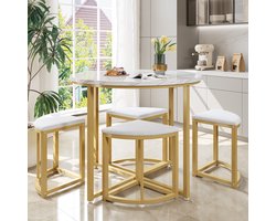 Eettafelset - complete set met 1 eettafel en 4 stoelen - tafel 80 x 80 x 75 cm - rond - mdf, metaal - wit, goud - voor keuken of eetkamer