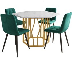 Eettafelset – Dinerset – Tafel En Stoelen – Keukentafelset – Eettafel Met Stoelen – Wit Marmeren Blad – Gouden Stalen Poten – 4 Groene Velvet Stoelen – Compact Hexagonaal Design – Duurzame MDF En Houtframe