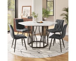 Eettafelset – Eethoek – Diningset – Eettafel Met Stoelen – Tafelschikking – Zeshoekige Marmeren Tafel – 4 Grijze Velvet Stoelen – Compact Design – Stalen Frame