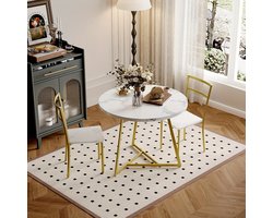 Eettafelset – Eettafel – Eetkamerset – Keukentafel – Zitgroep – Ronde Tafel 80 cm – 2 Gestoffeerde Stoelen – Gouden Metalen Frame – Wit MDF Tafelblad – Compact & Ruimtebesparend – Duurzaam Hout-Metaal