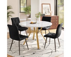 Eettafelset, Eettafel En Stoelenset (5-Delig), Moderne, Eenvoudige Ronde Eettafel En Stoelenset Van Marmer, Goudkleurige Metalen Tafelpoten + 4 Ergonomische Fluwelen Stoelen, Zwarte Eetkamerstoelen