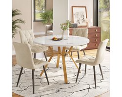 Eettafelset, Eettafel En Stoelenset (5-Delige Set), Moderne, Eenvoudige, Ronde Eettafel En Stoelenset Van Marmer, Gouden Metalen Tafelpoten + 4 Ergonomische Fluwelen Stoelen, Beige Eetkamerstoelen
