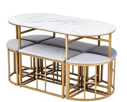 Eettafelset – Eettafel Met Krukjes – Eettafel Incl. Kruk – Moderne Eettafel – Marmerlook Tafelblad – Stevig MDF Frame - Goud