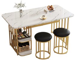 Eettafelset – Eettafel Met Opbergruimte – Tafel Met Stoelen – Witte Tafel – Gouden Poten – 140x80x75 Cm – Metalen Onderstel