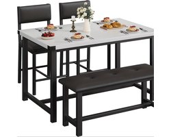 Eettafelset – Eettafel – Stoelenset – Bank – Tafel met Stoelen – Wit Kunstmarmer Blad – Compact 4-Zits – Duurzaam Houten Frame