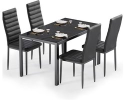 Eettafelset – Eettafel – Tafel met Stoelen – Eetkamerset – Zwart Eettafelmeubel – Gehard Glazen Blad – Comfortabele Stoelen