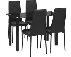 Eettafelset met 4 Stoelen - 5-delige Keukenmeubelset - Modern Design met Geharde Glazen Tafelblad en Stalen Poten - Zwart
