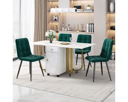 Eettafelset met 4 stoelen, Praktische Tafel，Eettafel uitschuifbaar , Opvouwbaar，tafel 150 x 80 x 76 cm, fluwelen eetkamerstoelen groen, wit MDF tafelblad, gouden poten